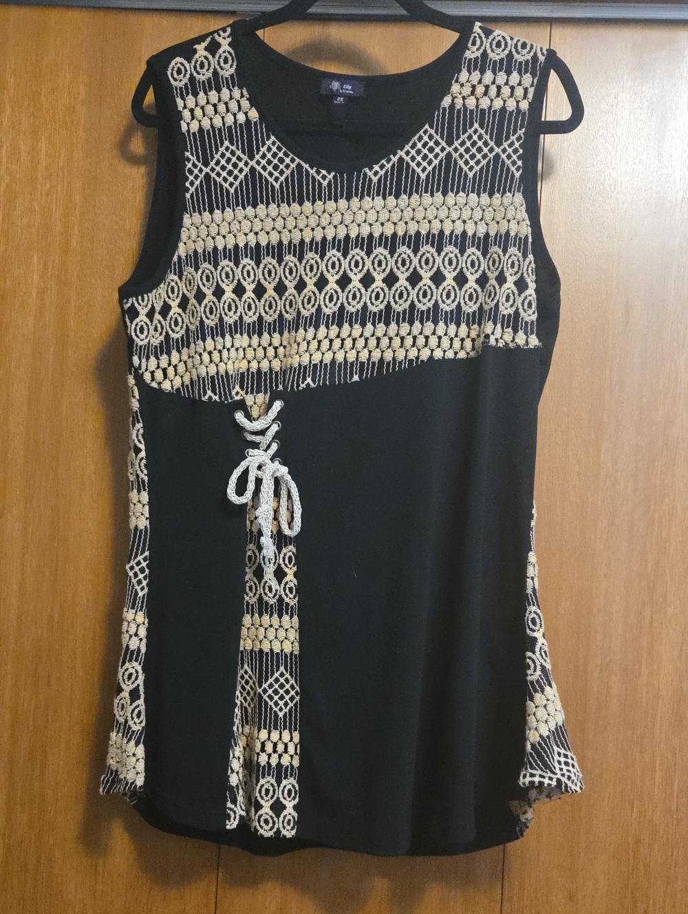Lily Black Tank with Cream Embroidered Panels and Waist Tie